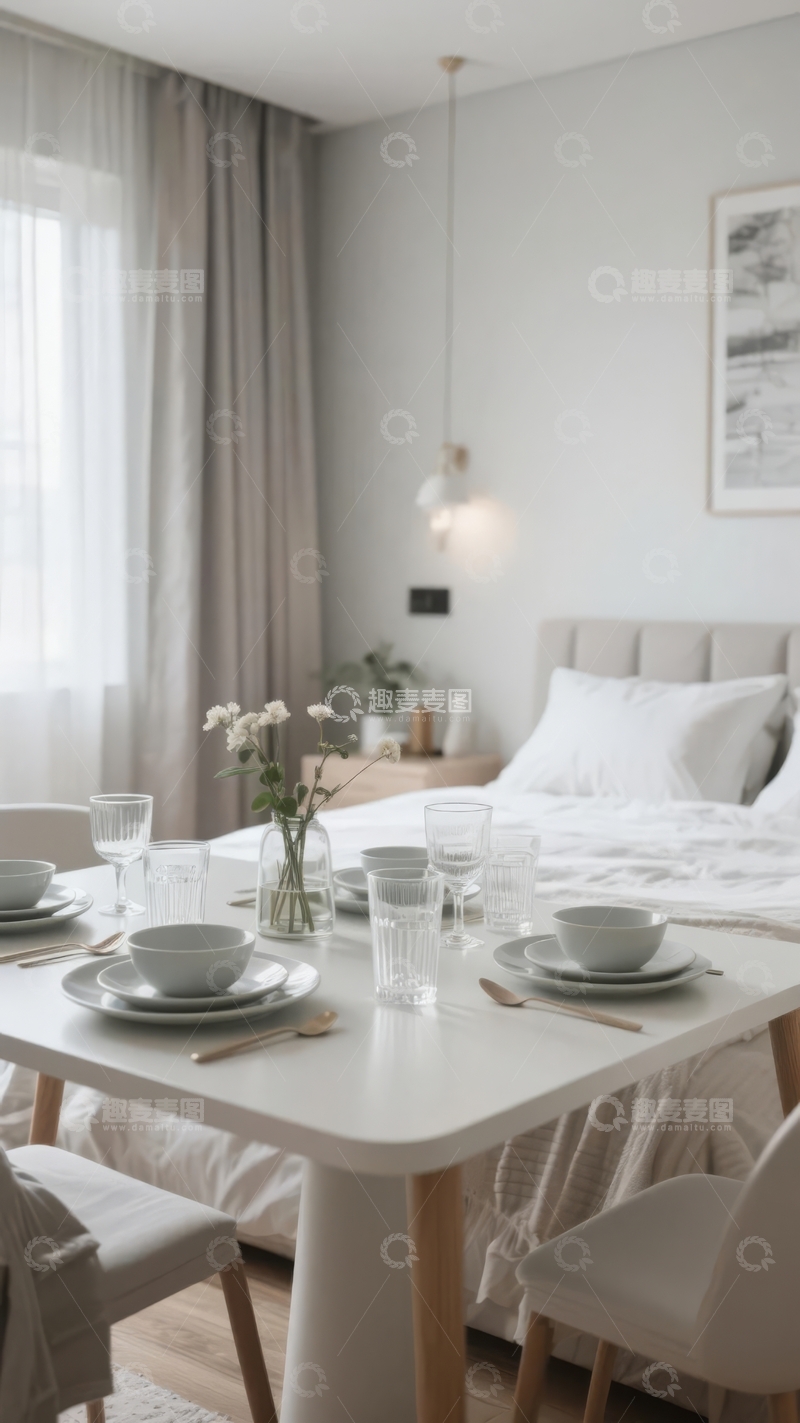 高清大图下载【趣麦麦图】现代简约风格卧室与用餐区一体化设计