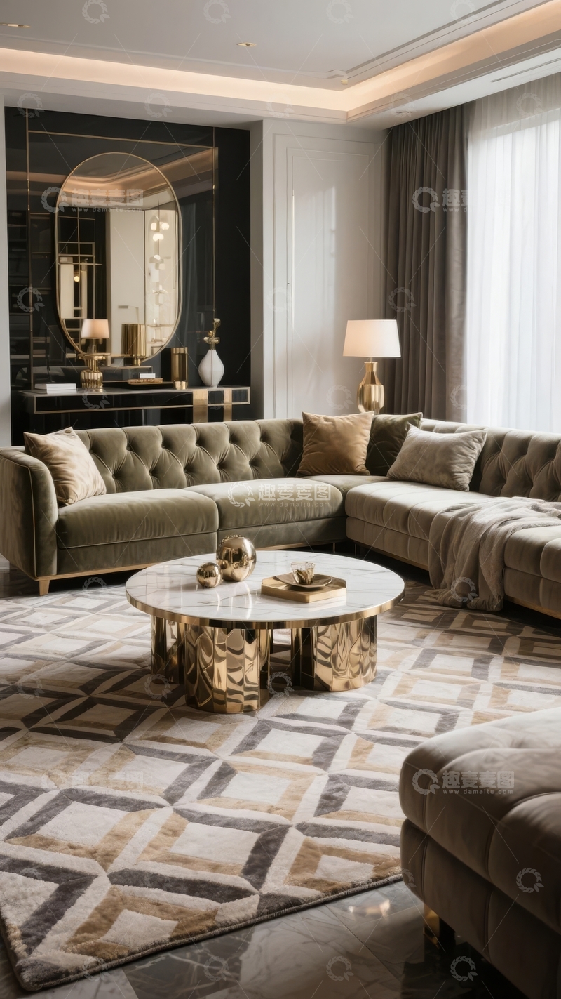 高清大图下载【趣麦麦图】现代奢华客厅配有绿色绒面沙发和圆形茶几