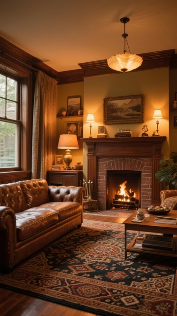 温馨复古客厅内壁炉燃烧沙发地毯装饰