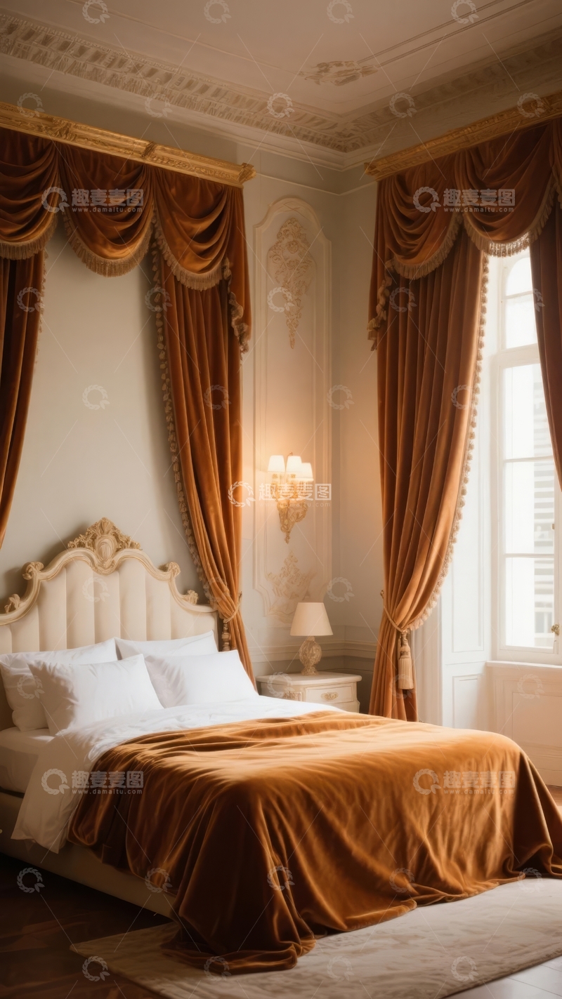 高清大图下载【趣麦麦图】典雅复古风格卧室配华丽窗帘与精致床头