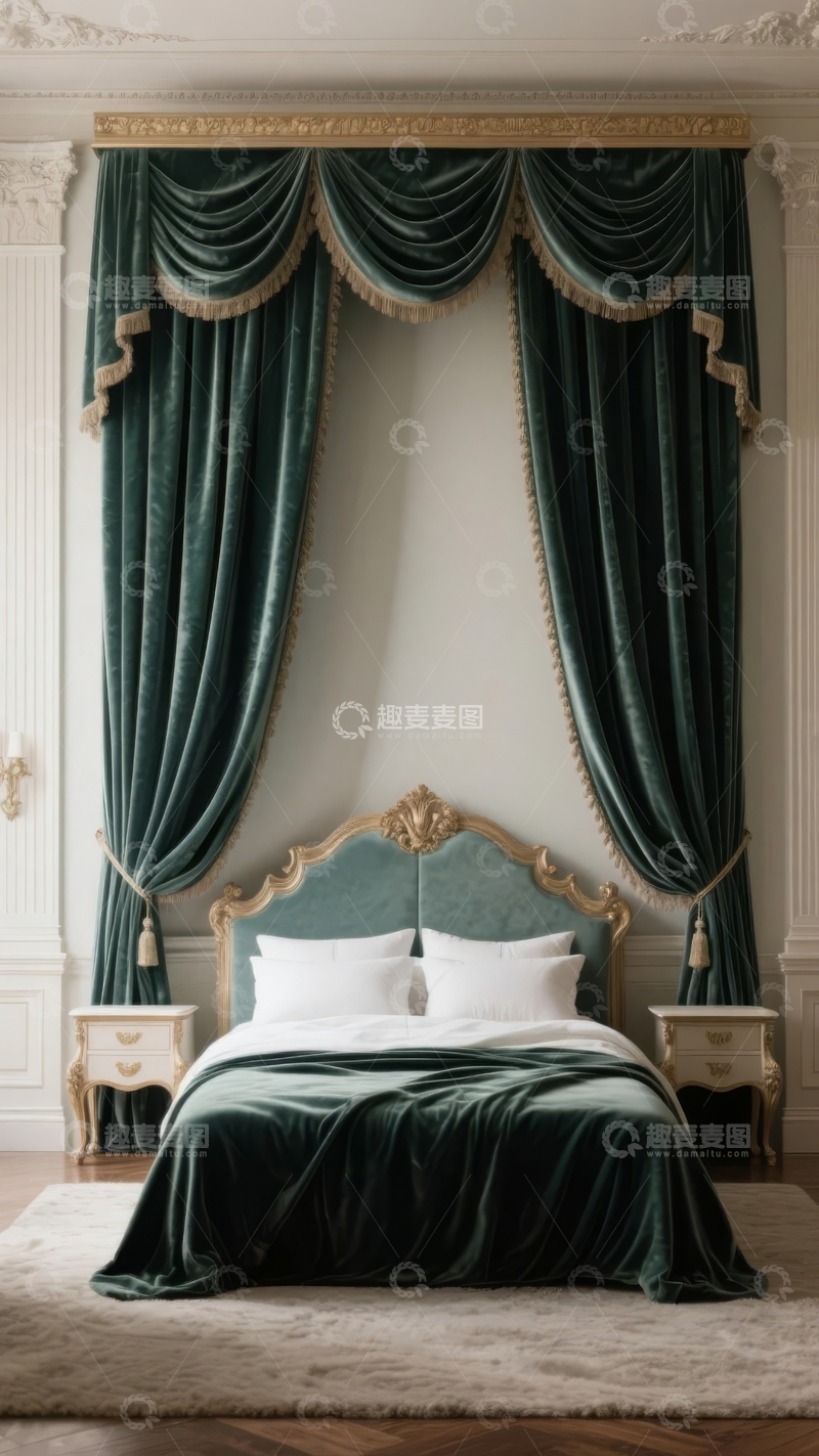 高清大图下载【趣麦麦图】豪华古典风格卧室配深绿色窗帘和雕花床头