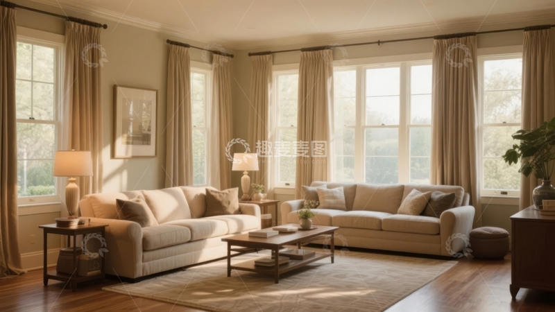高清大图下载【趣麦麦图】明亮客厅内摆放着米色沙发和木质家具