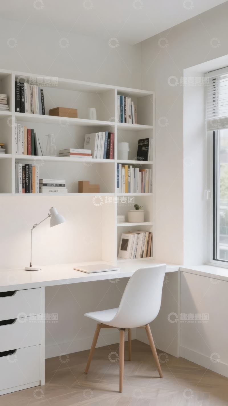 高清大图下载【趣麦麦图】明亮简约的白色书桌与书架组合办公角落