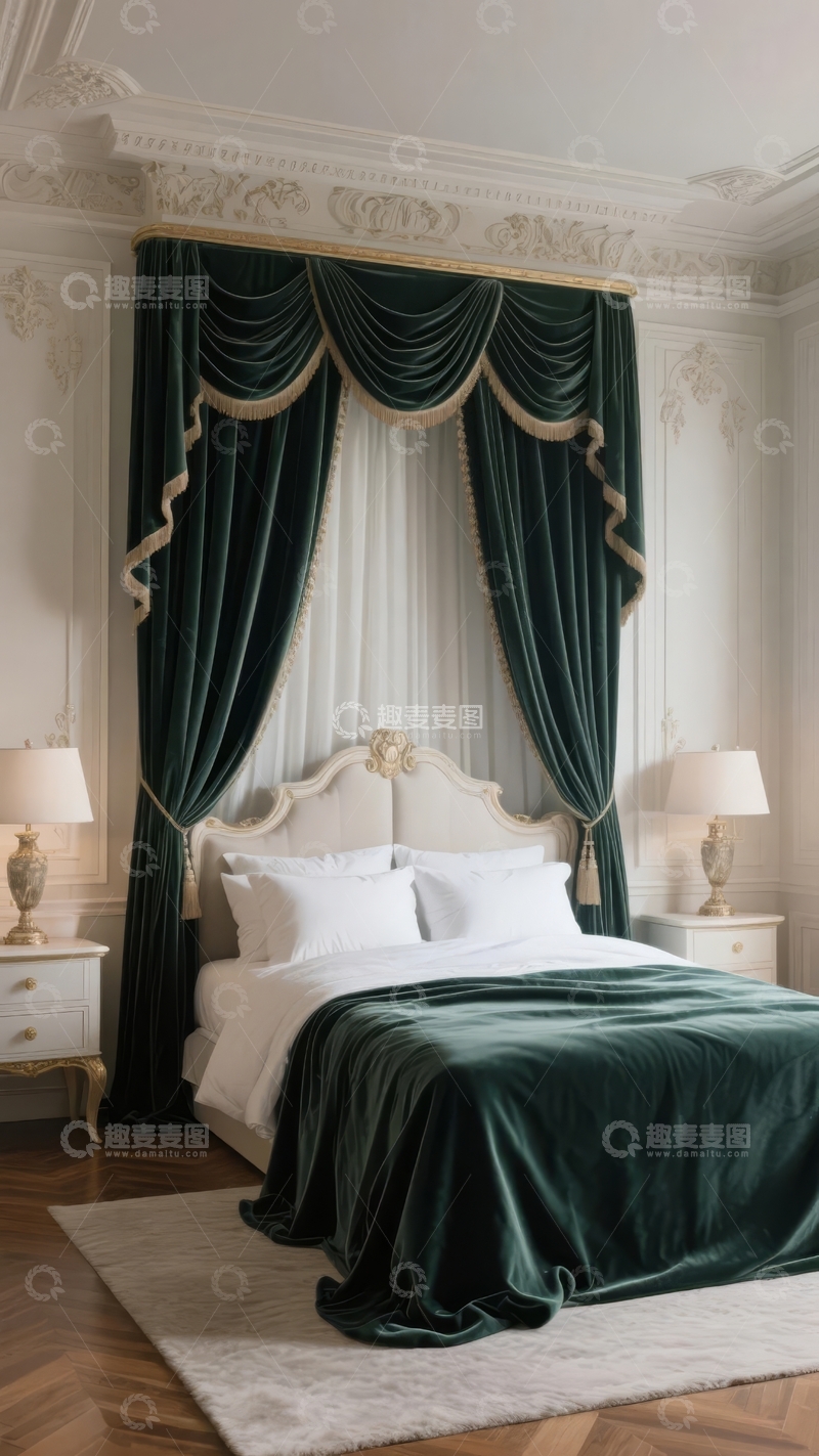 高清大图下载【趣麦麦图】豪华古典风格卧室配深绿色天鹅绒窗帘和精致雕花床头
