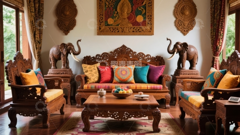 高清大图下载【趣麦麦图】东南亚风格客厅摆放大象雕塑和彩色靠垫