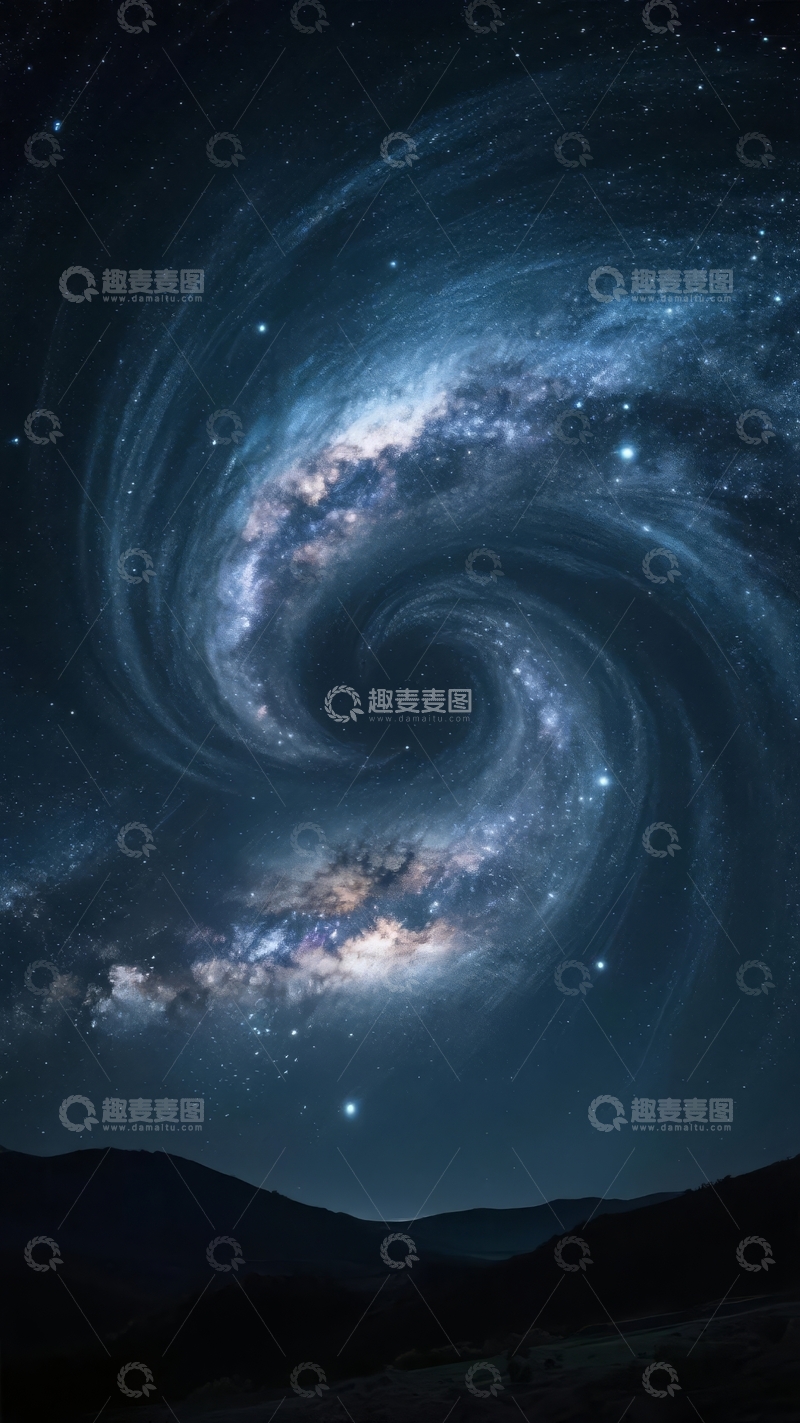 高清大图下载【趣麦麦图】夜空中旋转的星系与山脉剪影