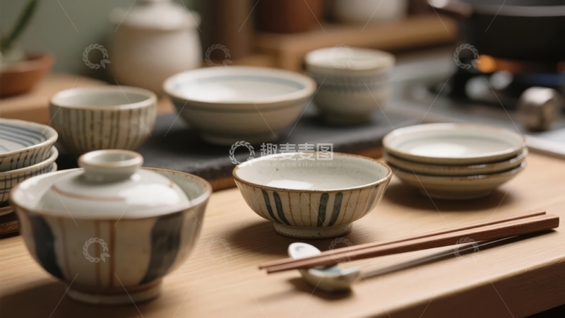 高清大图下载【趣麦麦图】日式陶瓷餐具摆放在木质桌面上