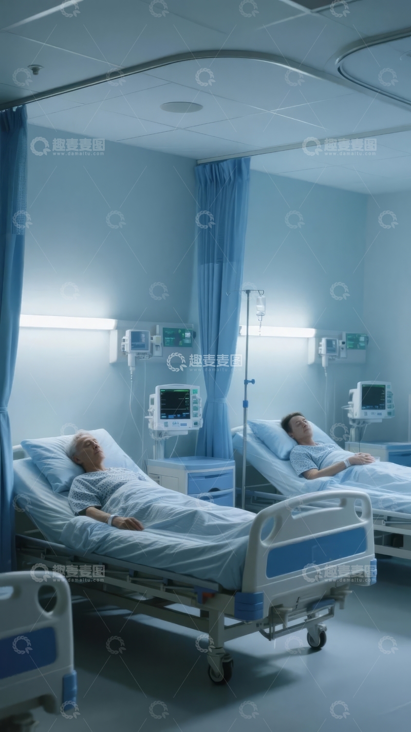 高清大图下载【趣麦麦图】医院病房内两名患者在病床上休息