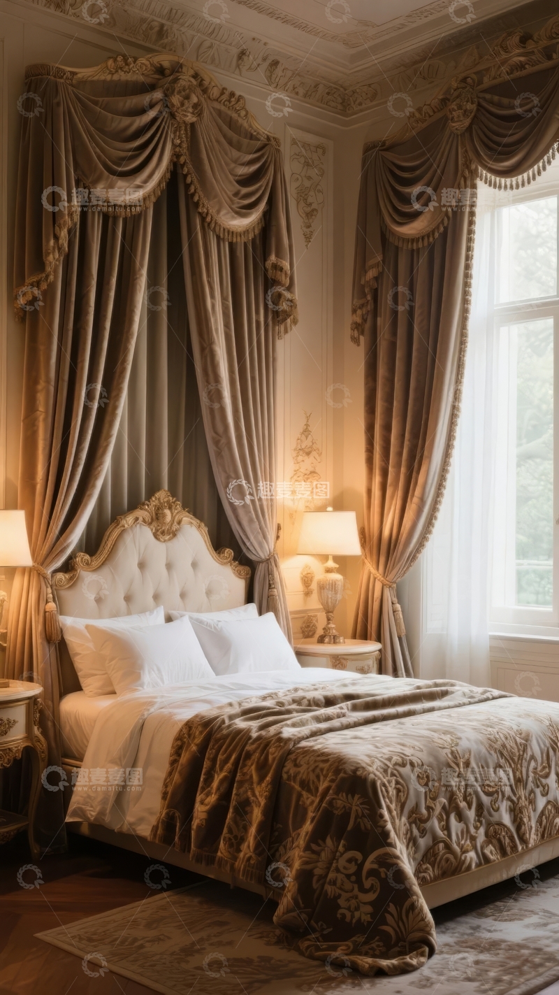 高清大图下载【趣麦麦图】豪华古典风格卧室配精致窗帘与华丽床头