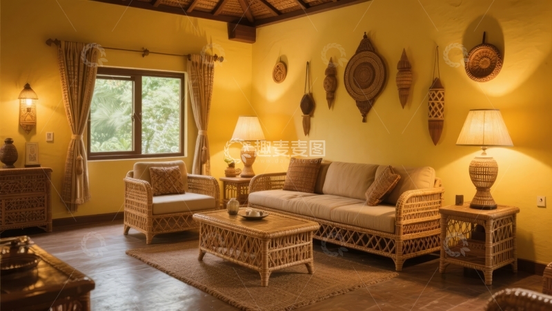 高清大图下载【趣麦麦图】温馨客厅布置以编织家具和装饰品为主