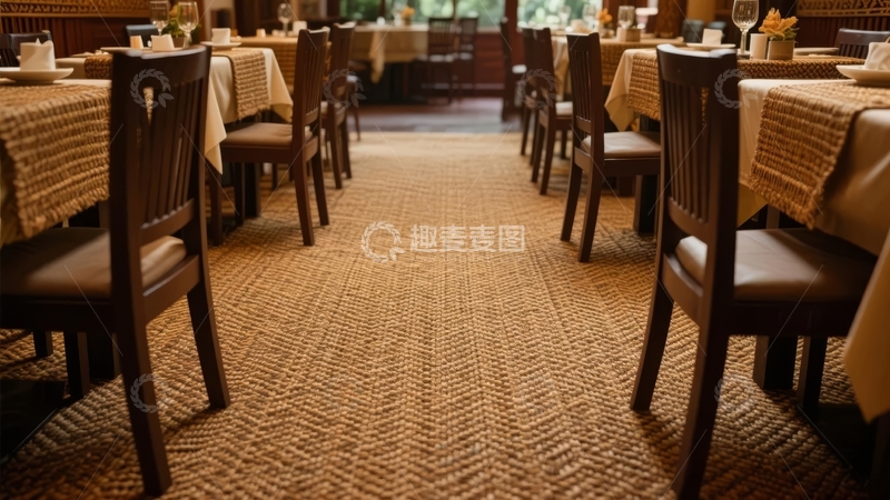 高清大图下载【趣麦麦图】餐厅内景摆放整齐的桌椅与编织地毯