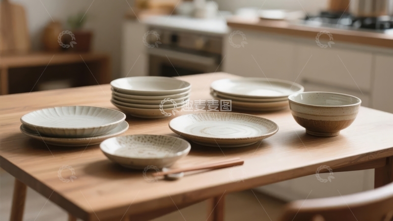 高清大图下载【趣麦麦图】木质餐桌上摆放着多套陶瓷餐具