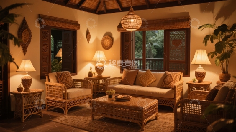 高清大图下载【趣麦麦图】温馨灯光下的东南亚风格客厅