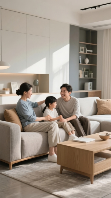 温馨家庭在现代简约客厅中互动