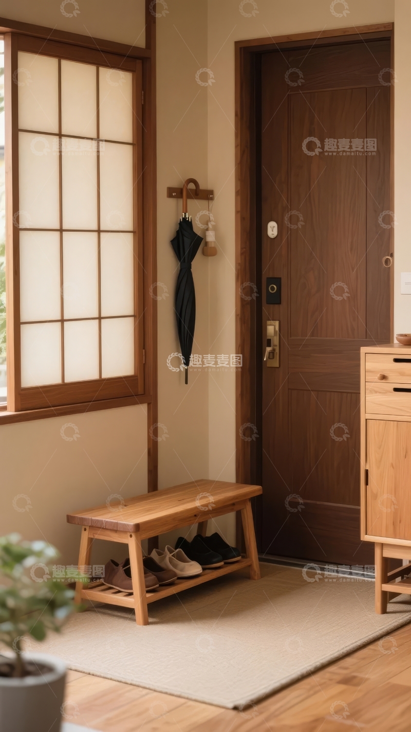 高清大图下载【趣麦麦图】日式风格玄关设计木质门窗与简约家具