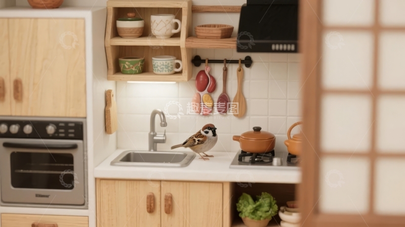 高清大图下载【趣麦麦图】-厨房一角小鸟停驻水槽边温馨场景