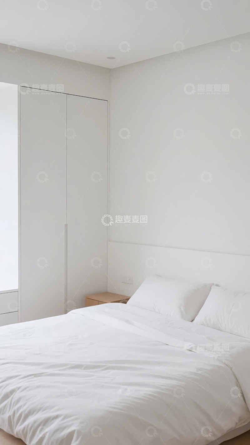 高清大图下载【趣麦麦图】简约白色卧室床铺整洁墙面干净