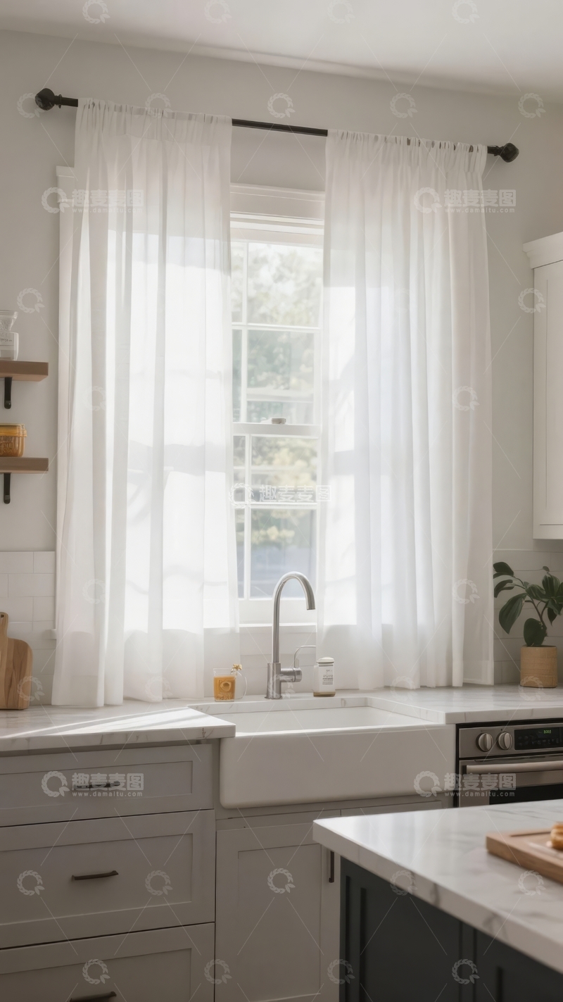 高清大图下载【趣麦麦图】明亮厨房窗户配白色纱帘和简洁台面