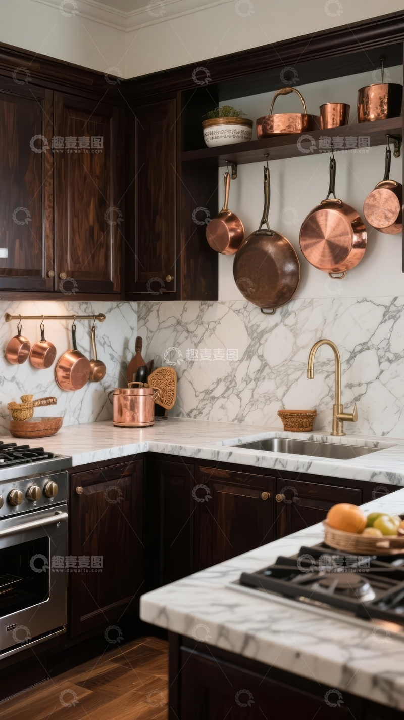 高清大图下载【趣麦麦图】深色橱柜与大理石墙面的现代厨房铜质厨具