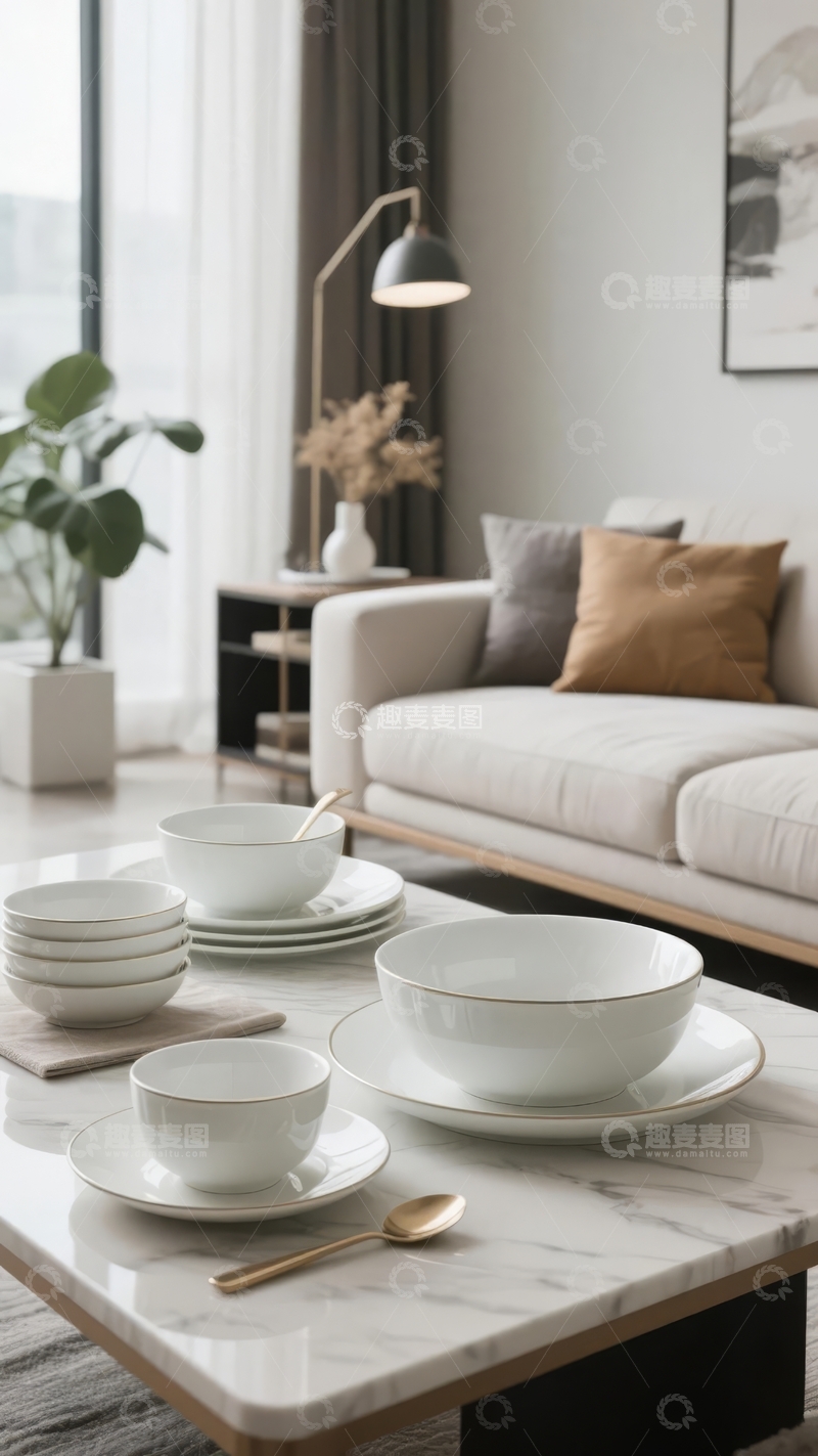 高清大图下载【趣麦麦图】现代简约客厅摆放精致餐具与温馨装饰