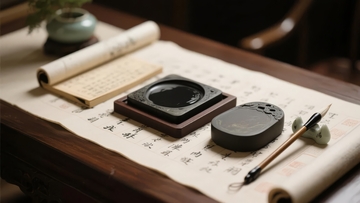 传统文房四宝摆放在古色古香的书桌上