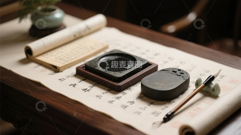 高清大图下载【趣麦麦图】传统文房四宝摆放在古色古香的书桌上