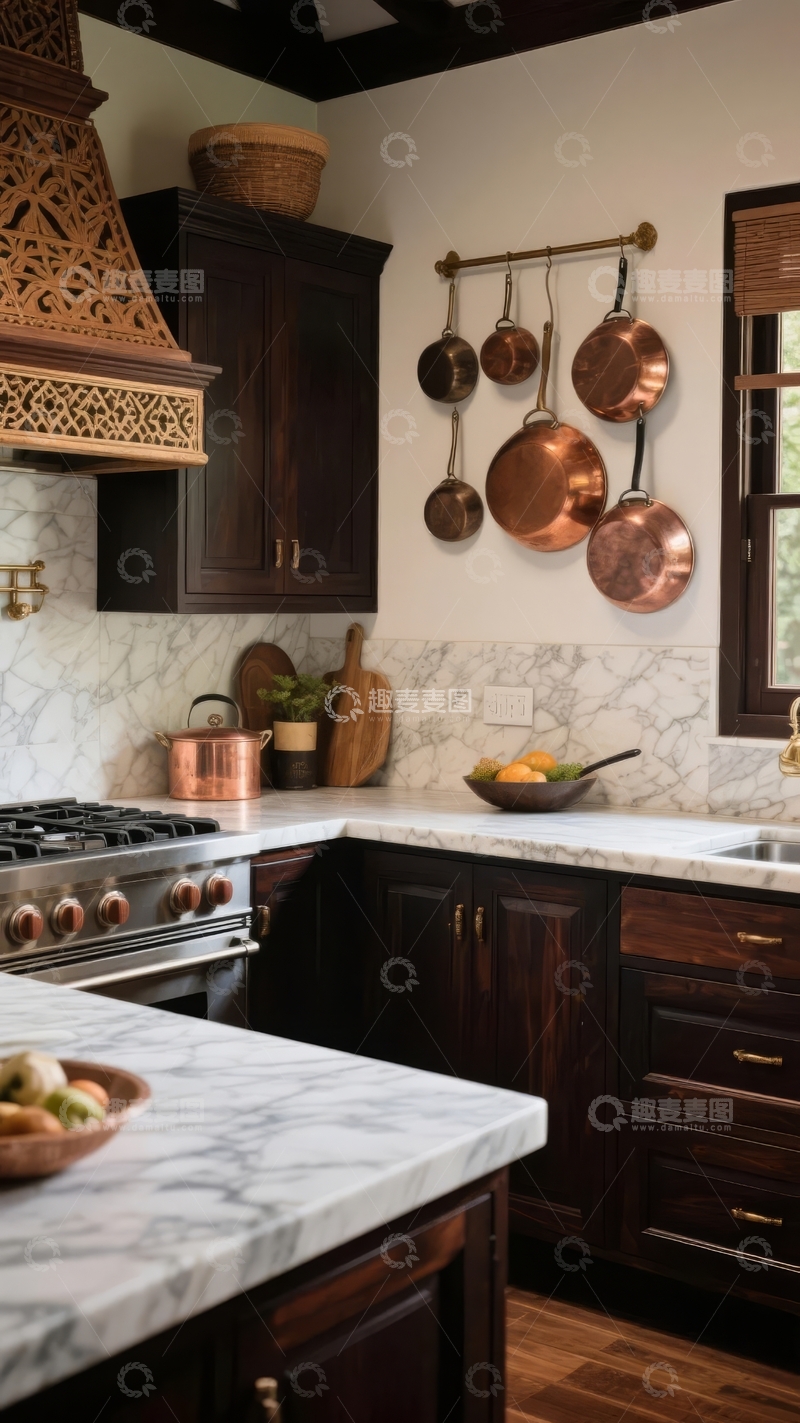 高清大图下载【趣麦麦图】现代厨房展示深色橱柜大理石台面和铜制锅具