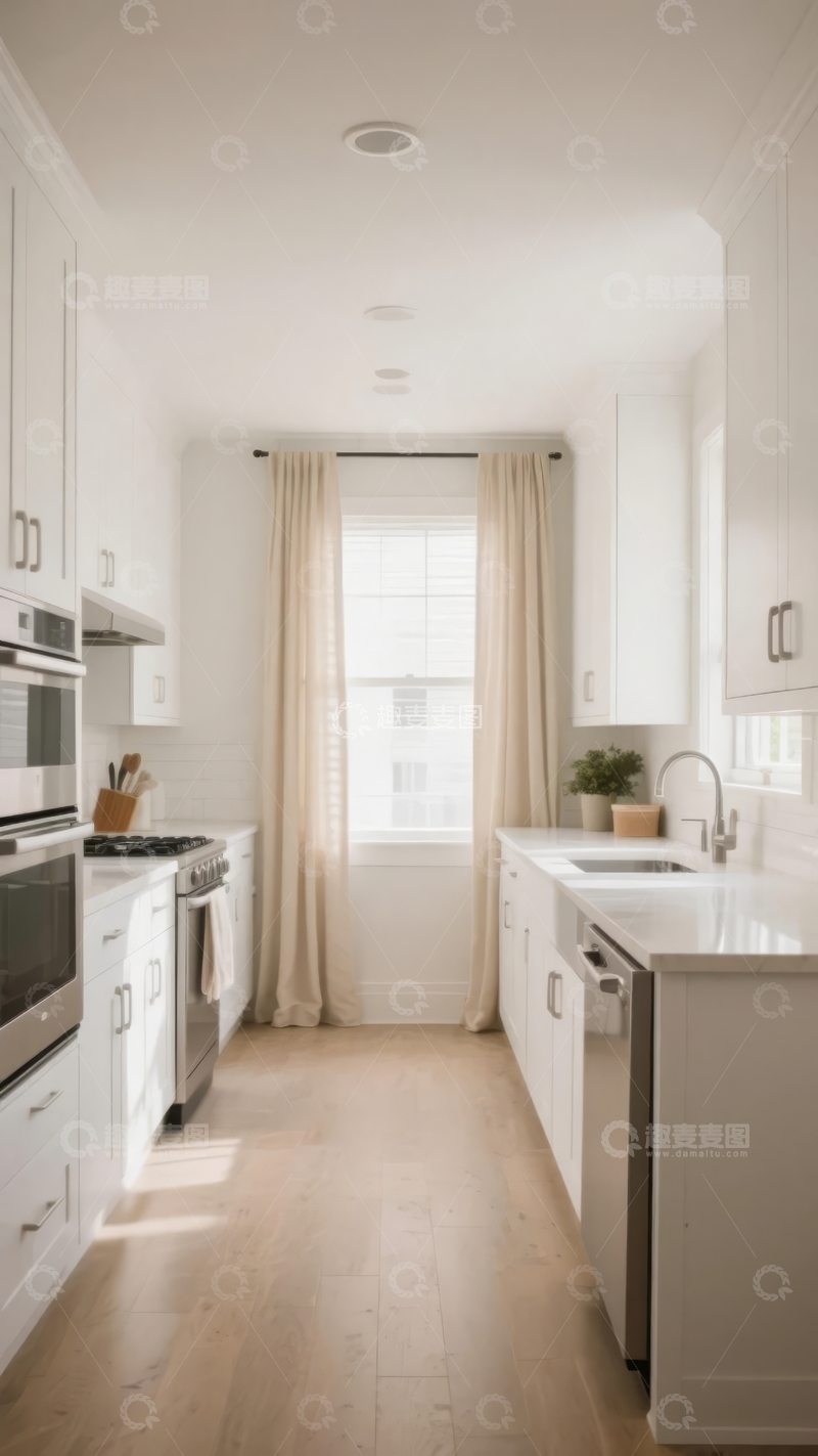 高清大图下载【趣麦麦图】明亮现代厨房白色橱柜与木质地板