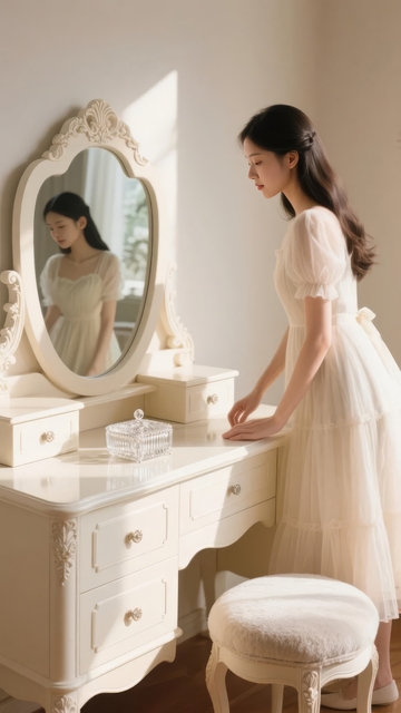 女子身着白色连衣裙在梳妆台前整理仪容