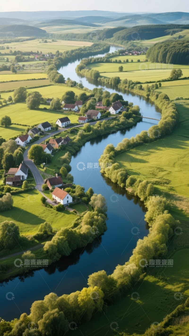 高清大图下载【趣麦麦图】蜿蜒河流旁的乡村田园风光