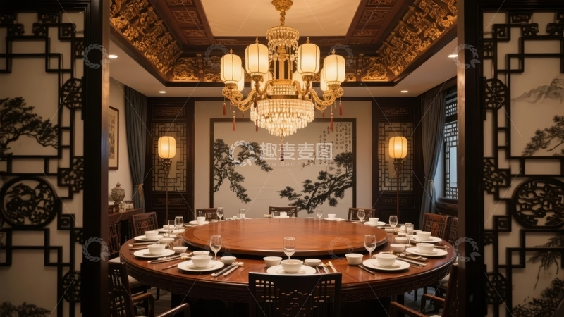 高清大图下载【趣麦麦图】中式风格豪华餐厅内景圆形餐桌与精美装饰
