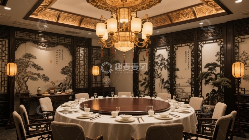 高清大图下载【趣麦麦图】中式风格豪华餐厅内景圆形餐桌布置精美
