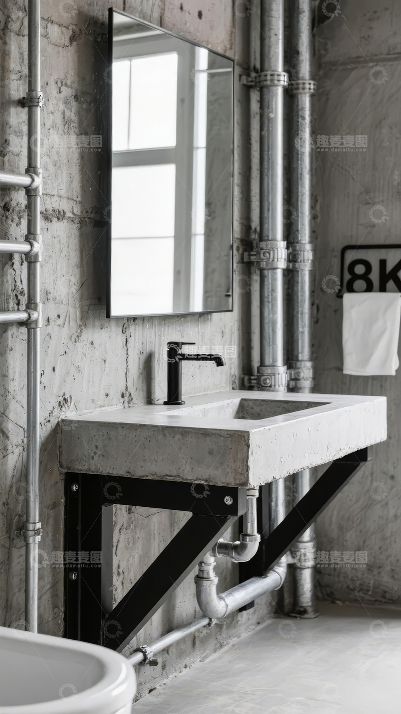 高清大图下载【趣麦麦图】工业风格浴室混凝土洗手台与裸露管道设计