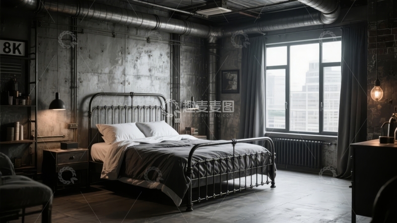 高清大图下载【趣麦麦图】工业风卧室室内设计带有大窗户和金属床架
