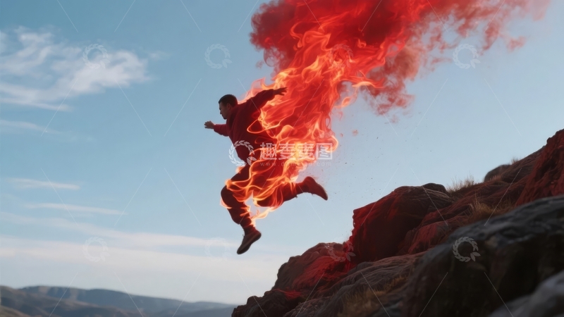 高清大图下载【趣麦麦图】火焰人影跃过山崖