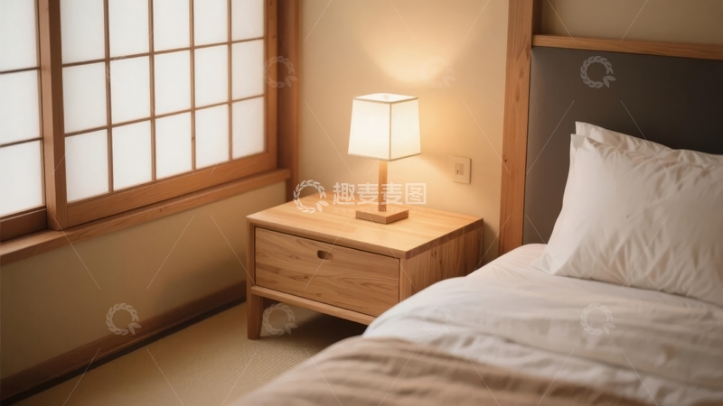 高清大图下载【趣麦麦图】日式风格卧室床头柜与台灯温馨一角