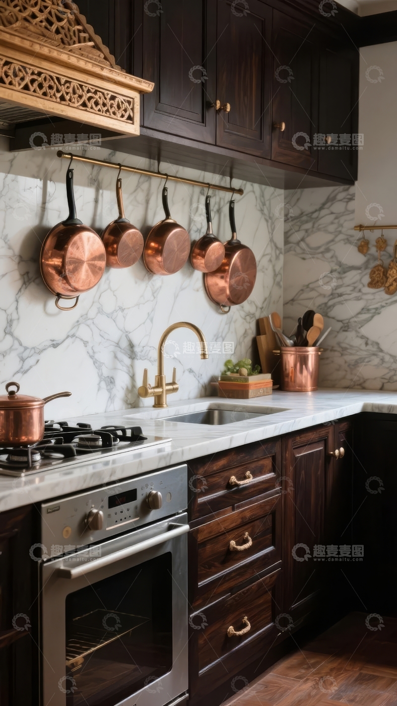 高清大图下载【趣麦麦图】现代厨房展示深色橱柜与铜制厨具及大理石墙面