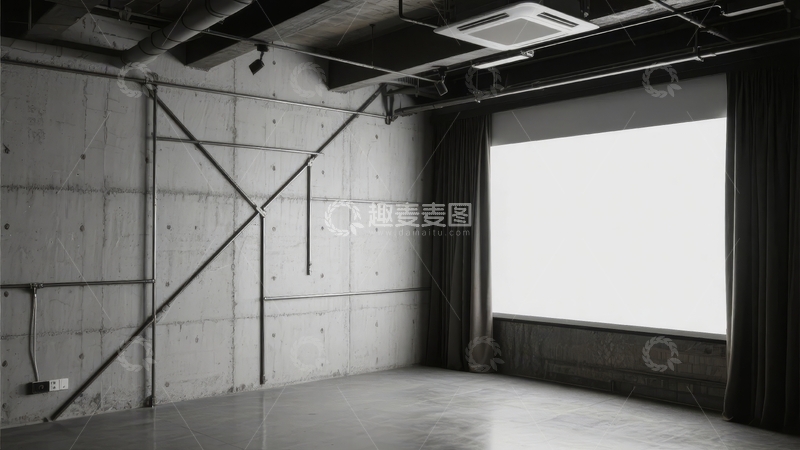 高清大图下载【趣麦麦图】工业风格空间内投影幕布与金属框架结构