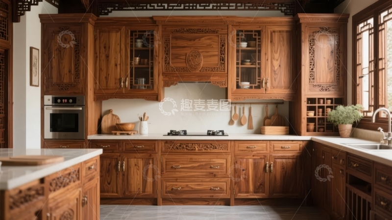 高清大图下载【趣麦麦图】中式风格木质橱柜厨房设计