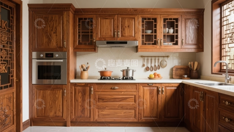 高清大图下载【趣麦麦图】传统木质橱柜厨房配备现代化家电