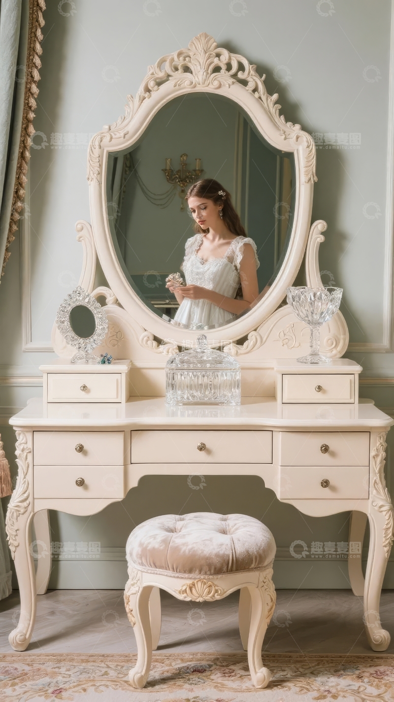 高清大图下载【趣麦麦图】古典风格梳妆台前女子优雅化妆场景