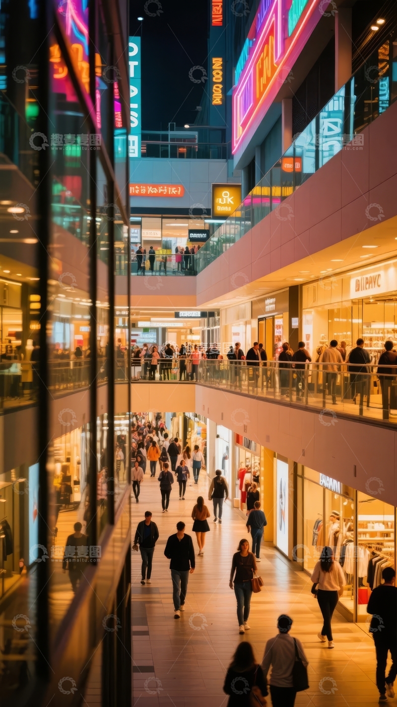 高清大图下载【趣麦麦图】夜晚繁华购物中心内人流穿梭灯火辉煌