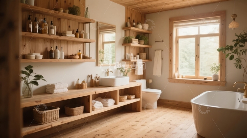 高清大图下载【趣麦麦图】温馨木质浴室配备开放式储物架和独立浴缸