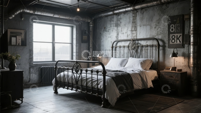 高清大图下载【趣麦麦图】工业风卧室中金属床与混凝土墙面的复古装饰