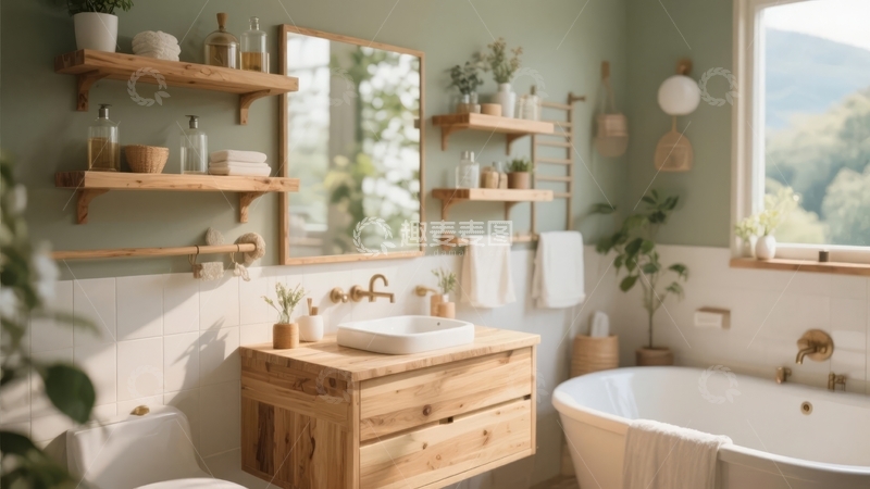 高清大图下载【趣麦麦图】现代简约风格浴室配备木质家具和自然景观窗景