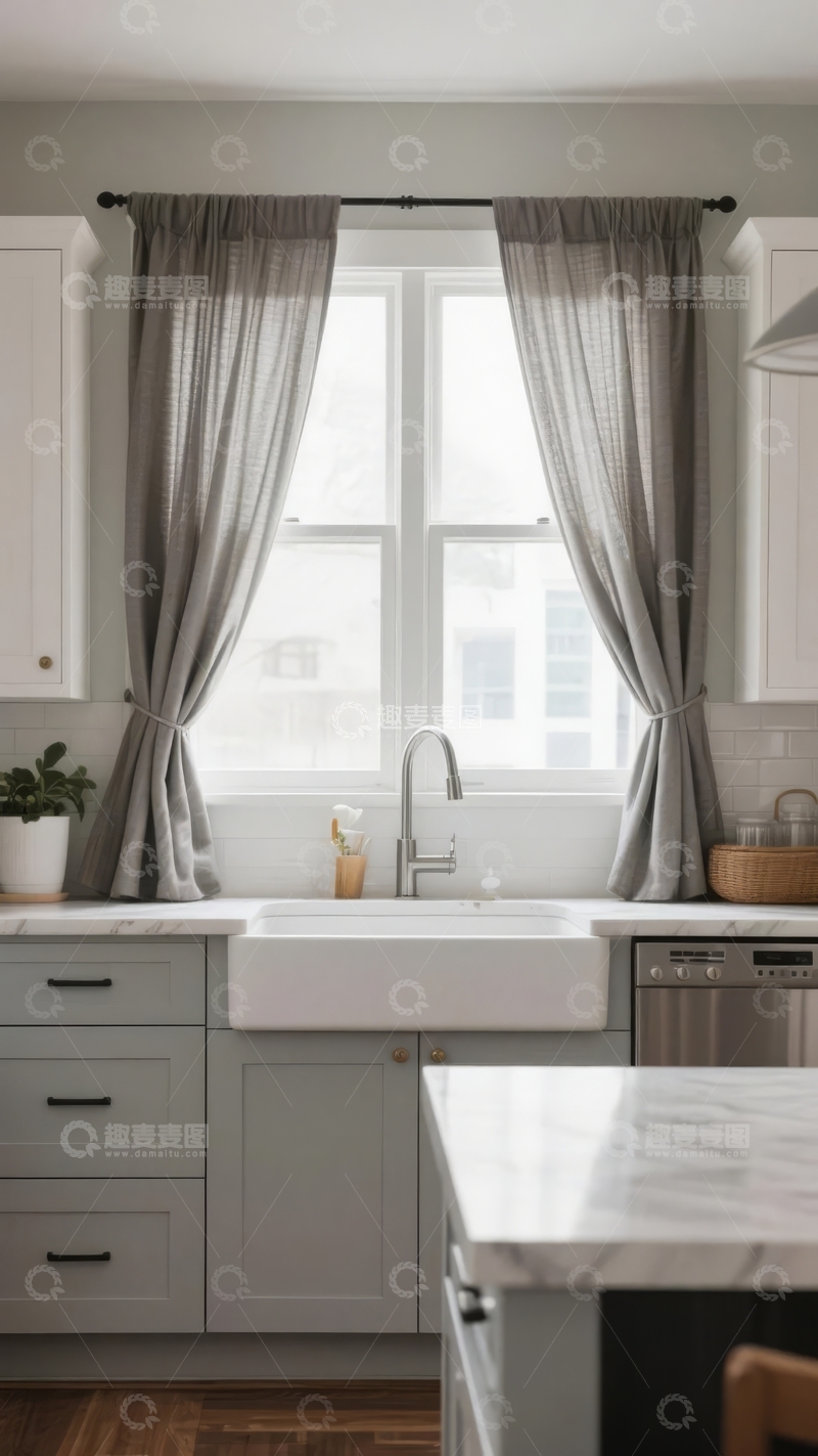 高清大图下载【趣麦麦图】现代厨房窗边白色橱柜与灰色窗帘的温馨角落