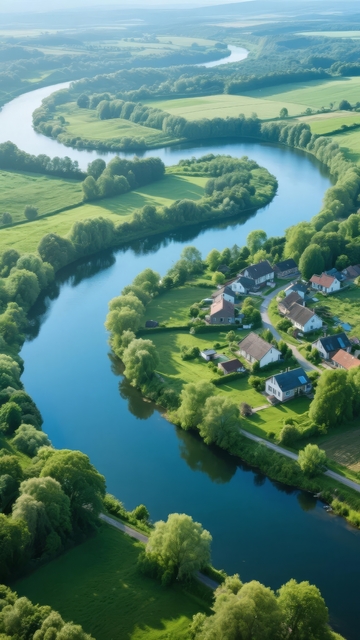 蜿蜒河流旁的乡村小镇绿意盎然