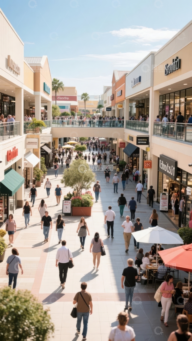 高清大图下载【趣麦麦图】阳光下繁忙的购物中心街道行人熙攘