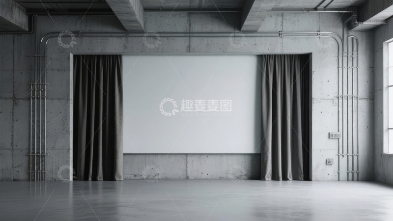 高清大图下载【趣麦麦图】空旷工业风房间内悬挂着白色幕布两侧有深色窗帘