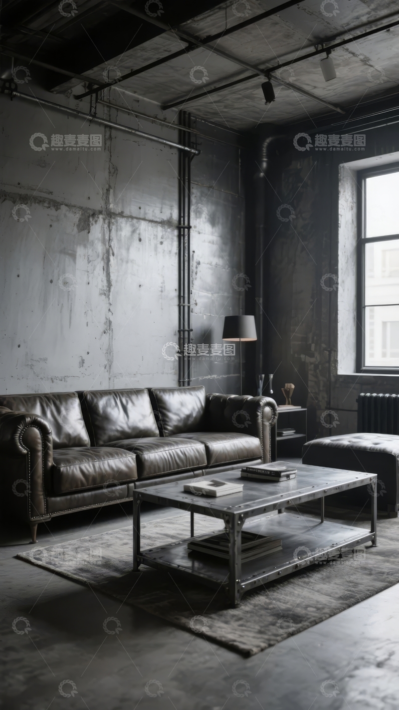 高清大图下载【趣麦麦图】工业风室内设计客厅空间灰色混凝土墙面与皮革沙发